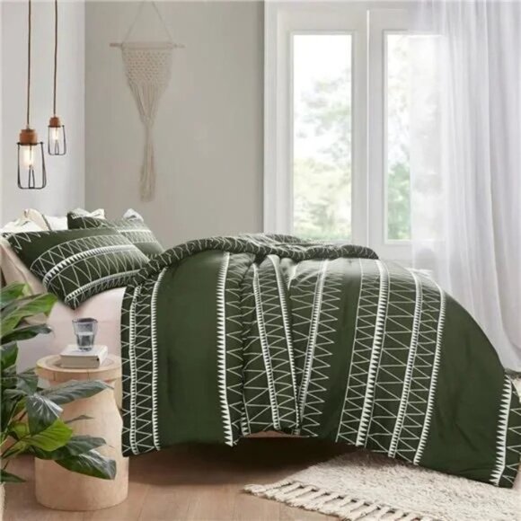 Olive Green Comforter Set King (104"×90"),Reversible Green Boho Triangle Pattern - Picture 5 of 8